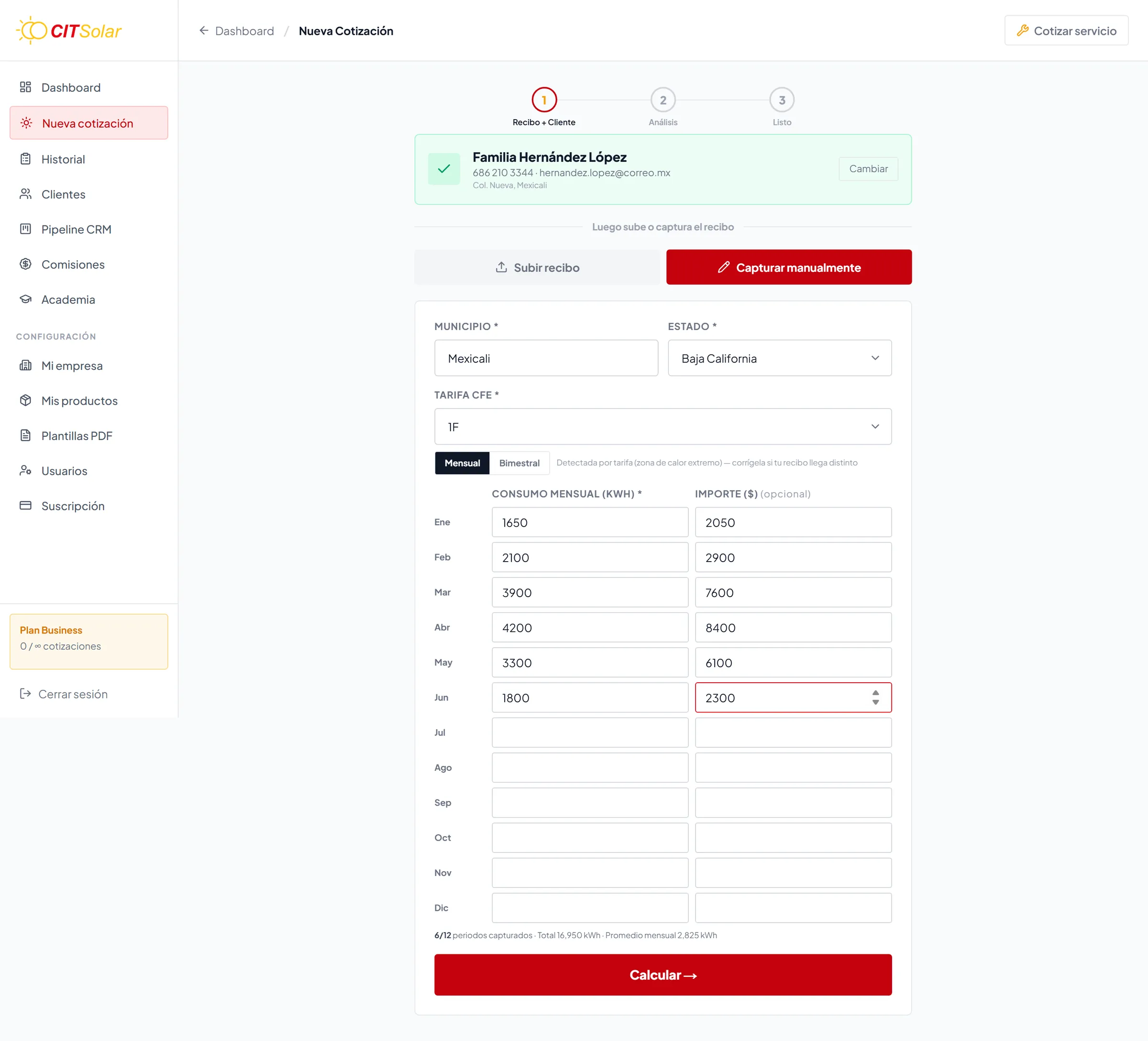 Cotizador · captura manual del recibo
