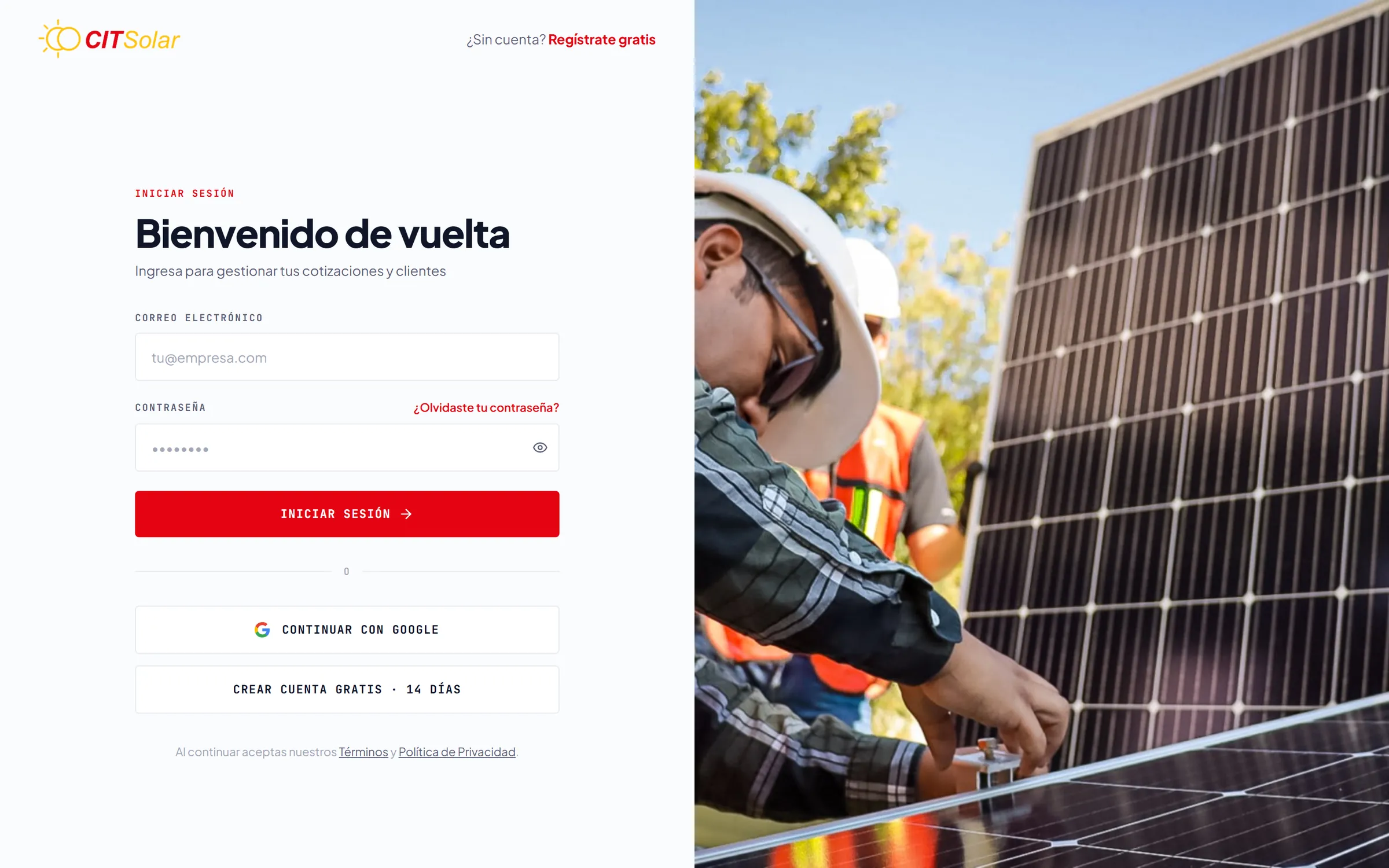 Pantalla de inicio de sesión