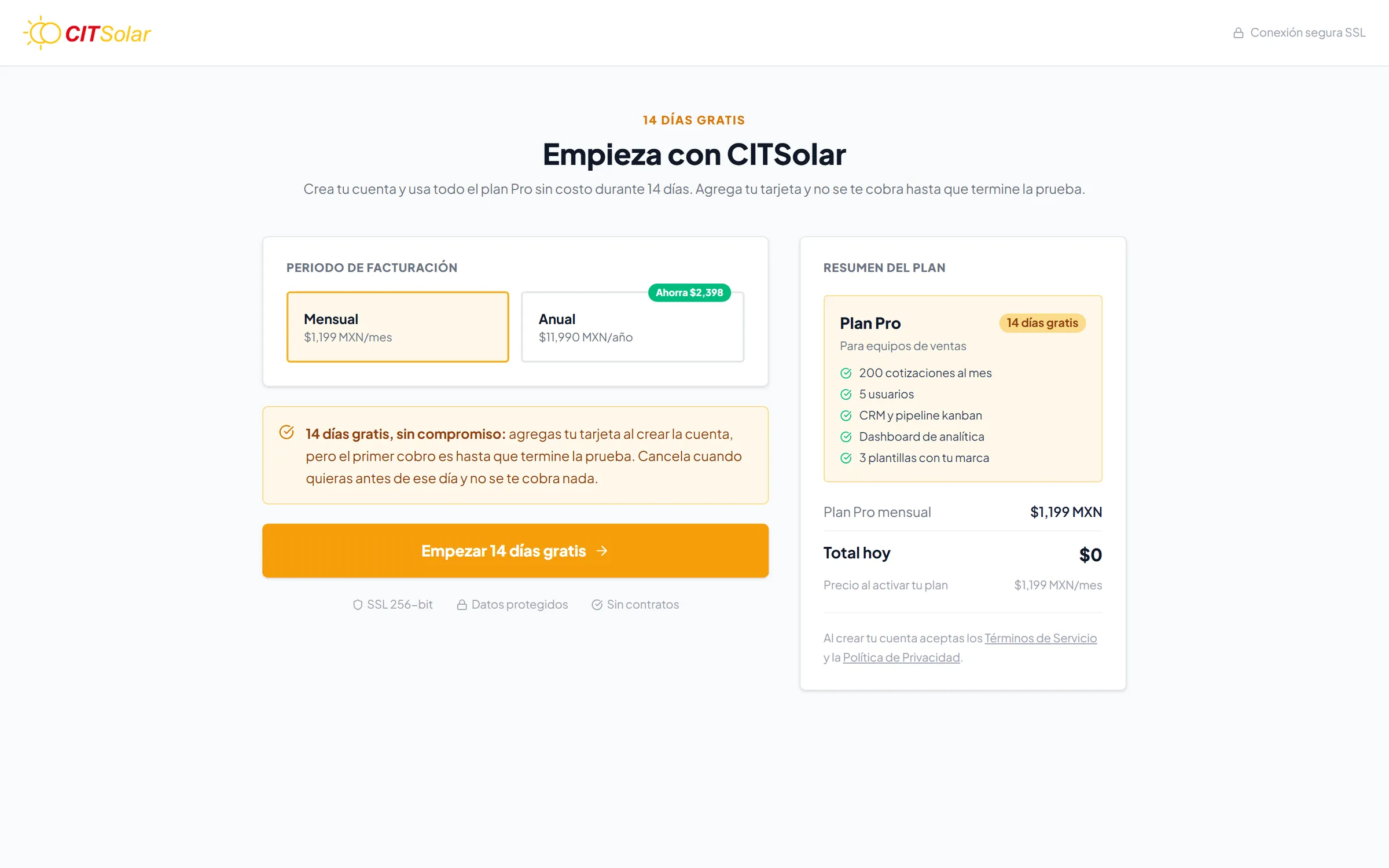 Página de planes y periodo de facturación