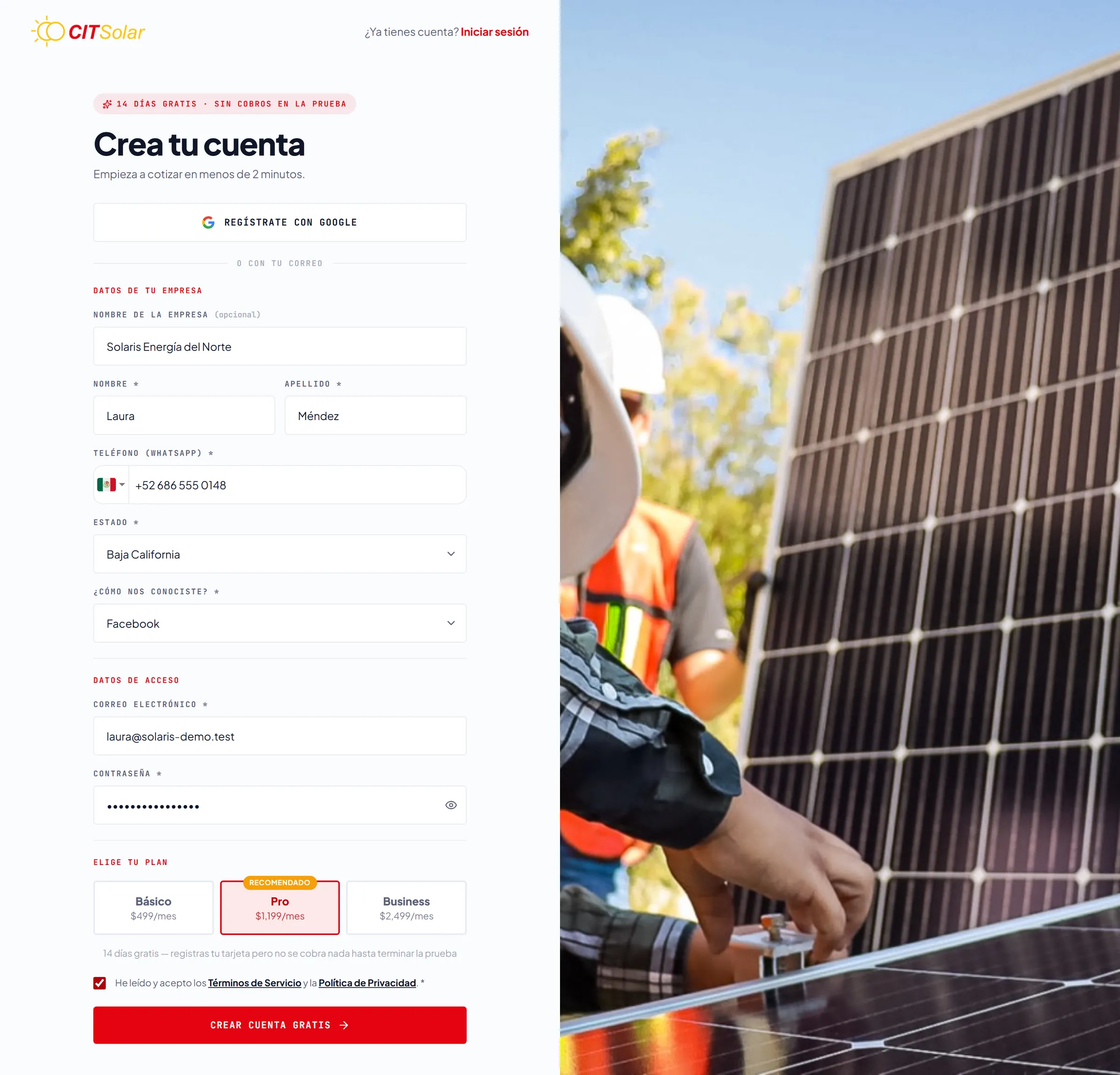 Formulario de registro de CITSolar