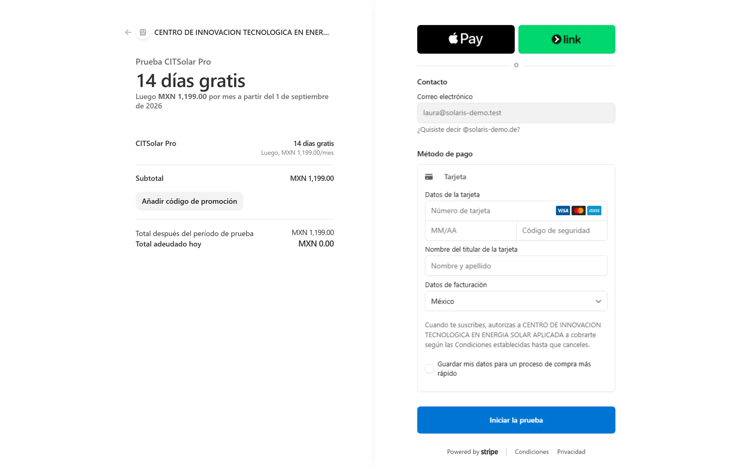 Página de pago de Stripe con la prueba de 14 días